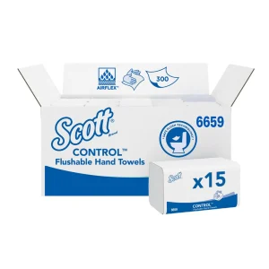 KIMBERLY-CLARK SCOTT CONTROL Flushable Hand Towels - Interfolded / White / 1 Ply (15 Packs of 300)