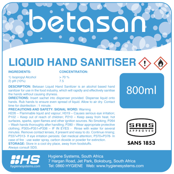 BETASAN LIQUID HAND SANITISER SACHET - 800ml x 6