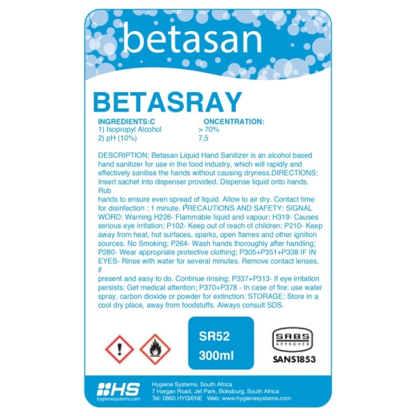 BETASAN COUNTER TOP HAND SANITISER BOTTLE - 300ml x 6