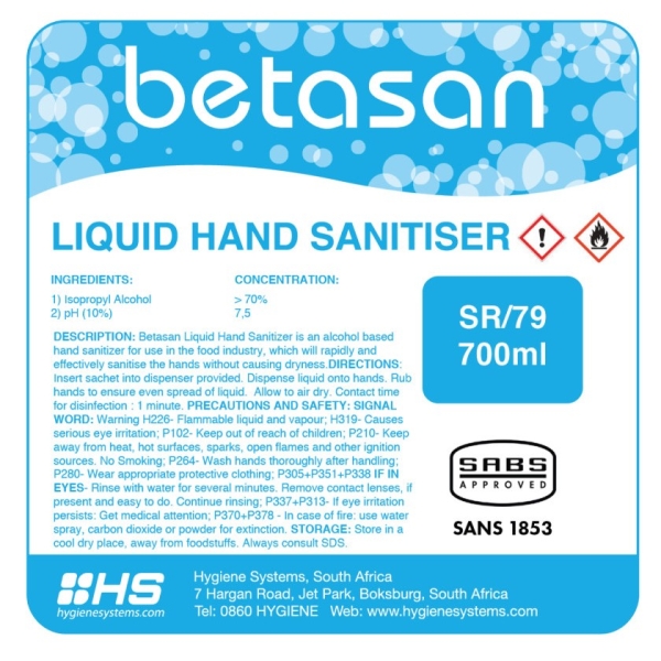 BETASAN LIQUID HAND SANITISER SACHET - 700ml x 6
