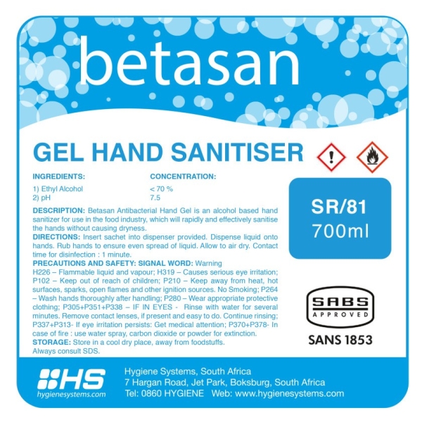 BETASAN ANTIBACTERIAL GEL SANITISER SACHET - 700ml x 6
